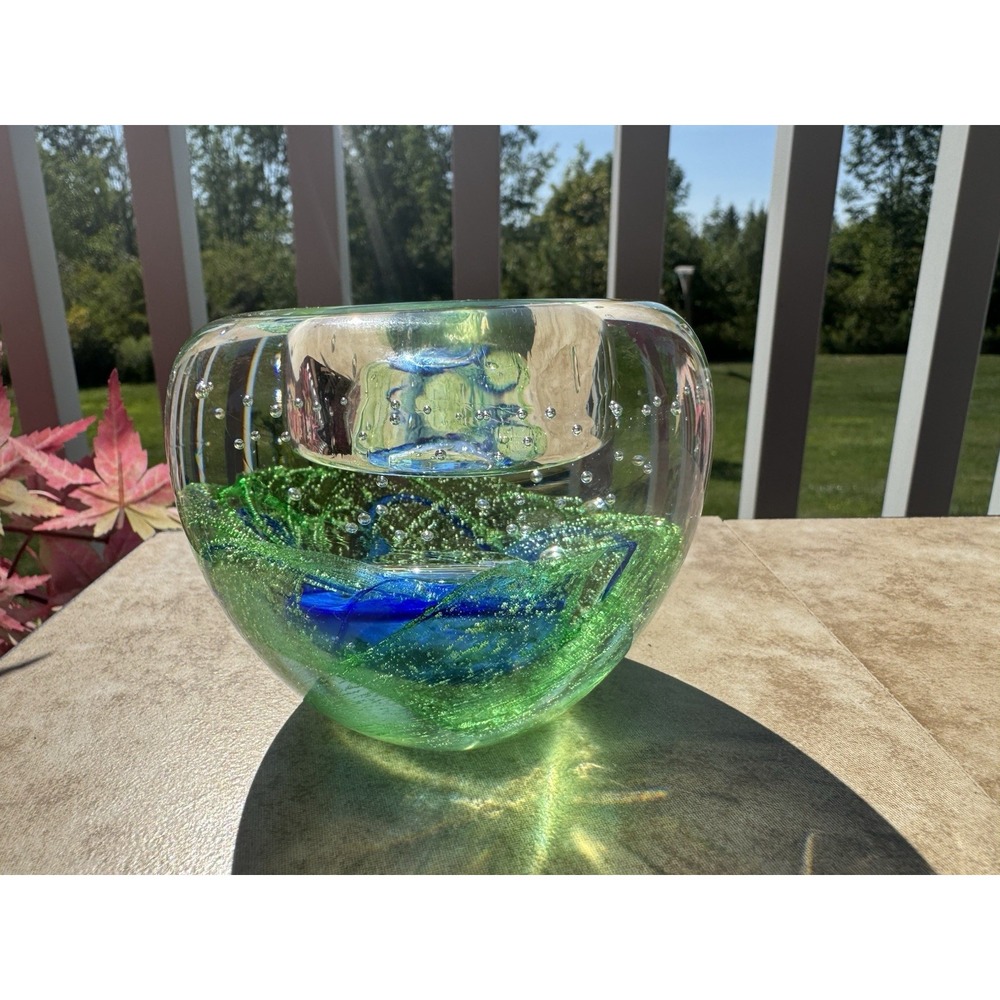Hand Blown Art Glass Blue Trapped Bubbles Vase Paperweight Heavy Green Blue